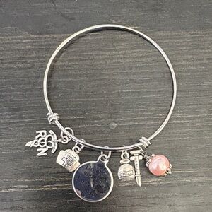 Silver Nurse Charm Bangle Bracelet with Pink Bead